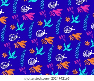 A vibrant and whimsical pattern featuring snails, flowers, and leaves on a deep blue background. The illustration combines organic shapes with bold colors, creating a playful and eye-catching design.