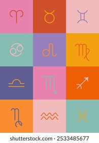 Vibrant whimsical pattern with zodiac signs inside colorful squares. Check board seamless pattern with for astrological-themed projects, stationary, fabric, or digital backgrounds in retro colors