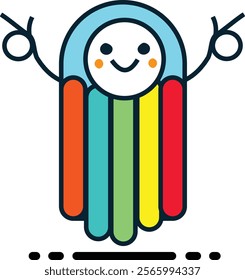 vibrant and whimsical stock illustration of a rainbow-themed mascot character. The character features a circular face with a cheerful expression, including a smiling mouth and blushing cheeks