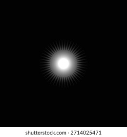 Fonte de luz brilhante branca vibrante com raios radiais e efeito de brilho da lente no fundo preto