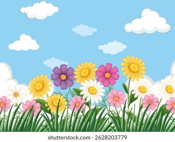 Vibrant wildflowers in a grassy field with a bright blue sky and fluffy clouds. Vector illustration with bold colors and clean lines