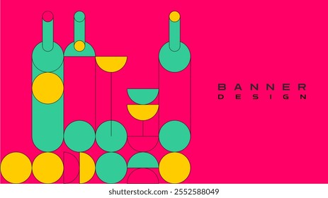 Banner de vinho vibrante com garrafas geométricas e óculos com padrões abstratos modernos, perfeito para eventos de vinícola, menus e promoções elegantes.