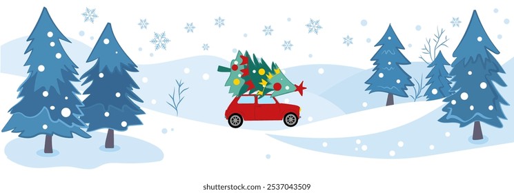 A vibrant winter landscape featuring a retro car with a Christmas tree on its roof, surrounded by snowy trees. Vector illustration