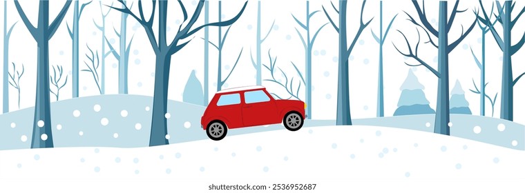 A vibrant winter landscape with a retro car driving through a snowy forest, surrounded by trees and gentle snowfall. Vector illustration