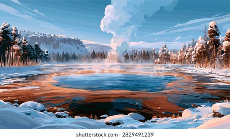 Vibrant Winter Landscape with Steaming Geothermal Hot Spring