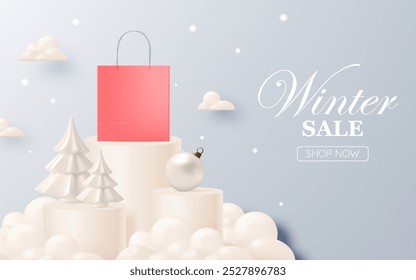  A vibrant winter sale promotion featuring red shopping bags, white Christmas trees, and floating snowflakes. Perfect for seasonal sales, holiday marketing, and festive shopping campaigns