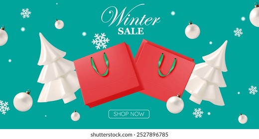  Una promoción de venta de invierno vibrante con bolsas de compras rojas, árboles de Navidad blancos y copos de nieve flotantes. Perfecto para ventas de temporada, marketing navideño y campañas de compras festivas