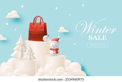  A vibrant winter sale promotion featuring red shopping bags, white Christmas trees, and floating snowflakes. Perfect for seasonal sales, holiday marketing, and festive shopping campaigns