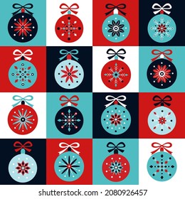 Lebhafte Winterschneeflocken mit roten, blauen und weißen Plätzen und Weihnachtsbällen. Ideal für festliche Stoffe, Tapeten, Verpackungen.
