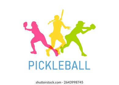 Vibrant Women's Pickleball Illustration in Bright Colors, colorful vector editable pickleball player poses for any graphic background