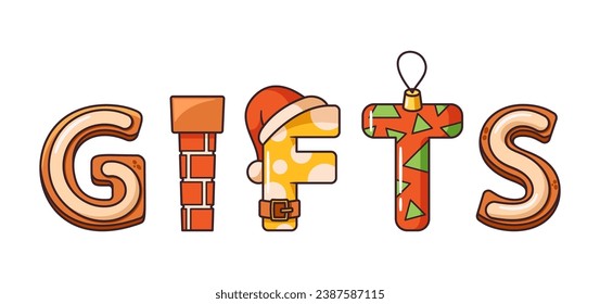 Vibrant Word Gifts Typography In A Festive Cartoon Christmas Style, Gleams With Cheerful Colors, Adorned With Ornaments