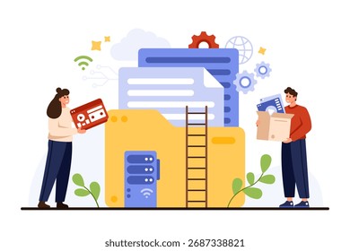In a vibrant workspace, two individuals collaborate to organize files and data, highlighting teamwork and efficiency. This vector illustration captures the spirit of cooperation in a modern office