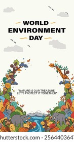 A vibrant World Environment Day design featuring nature elements such as trees, animals, mountains, and a river, highlighting the importance of protecting the environment