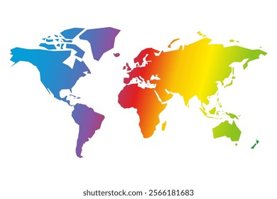 A vibrant world map features a rainbow spectrum gradient, showcasing continental outlines. This colorful representation emphasizes global diversity and creativity.