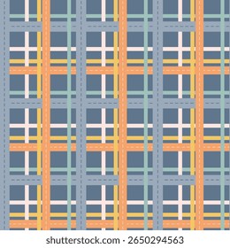 Um design têxtil tecido vibrante exibe linhas intersecionadas em cores azul, laranja e pastel, criando um padrão de grade harmonioso. Este design intrincado poderia melhorar a moda ou decoração interior.