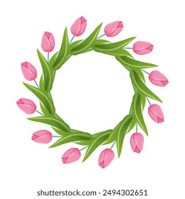 A vibrant wreath of pink tulips with lush green leaves arranged in a circular design on a white background. A floral arrangement for seasonal celebrations and nature themed events.