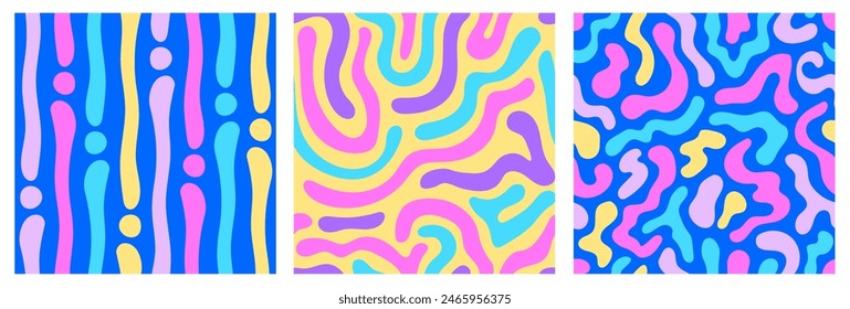 Vibrant Y2k Abstract Seamless Patterns Set. Trendy neon colored 90s backgrounds collection with wavy liquid abstract shapes. Colorful geometric vector illustration