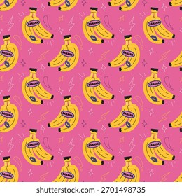 Vibrant Y2K ästhetische Vektor nahtlose Muster. Funkiges Doodle-Design mit Comic-Bananen, Sternen und Blitzelementen auf rosafarbenem Hintergrund. Trendy Hintergrund für jedes moderne Projekt.