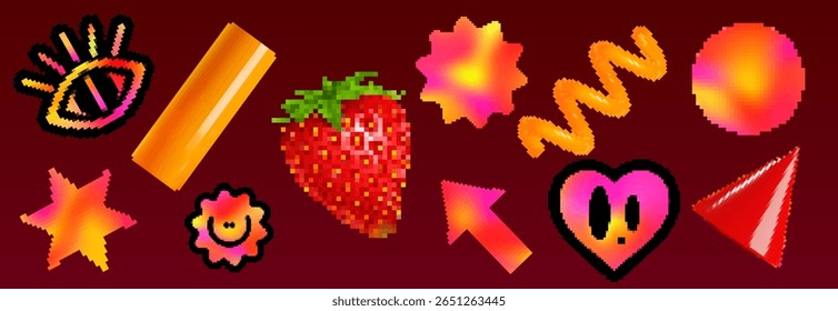 Brutalismo vibrante y2k definido com morango pixel art, formas de gradiente de néon de estrela e seta, face do coração e olho no fundo vermelho escuro. Nostalgia digital estética retro jogos para layout de cartaz cibernético