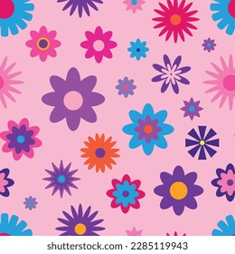 Vibrant Y2K floral pattern. Funny funky retro flowers background