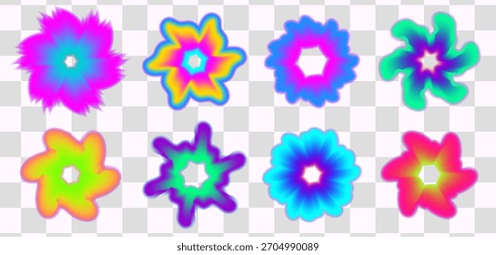 Un conjunto de flores vibrantes y2k con capas de gradiente suave y brillo desenfocado suave. Las líneas de forma Abstractas repiten la suavidad del gradiente, haciendo eco del espíritu Y2K a través de curvas de flores y un movimiento de forma rico en desenfoque.