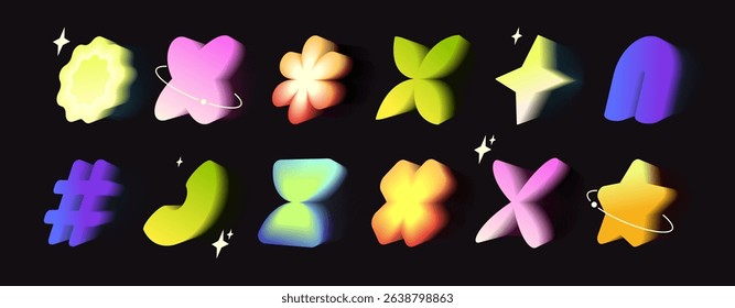 Vibrant y2k gradient icons with soft aura glow on black. Heart and flower, star, hashtag and abstract shapes in neon colors. Nostalgic digital elements for retro futuristic design aesthetics.