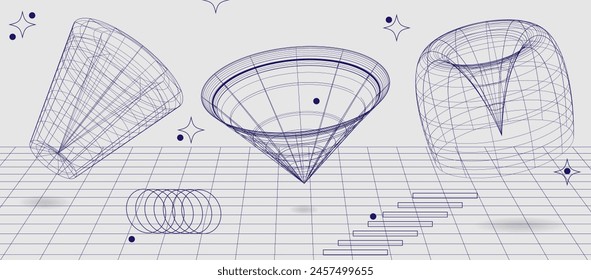 Vibrantes Elementos geométricos y Formas de estructura metálica inspirados en el año 2000 para diseños digitales modernos y estéticos. Perfecto para gráficos de Web, publicaciones en redes sociales y conceptos de arte moderno