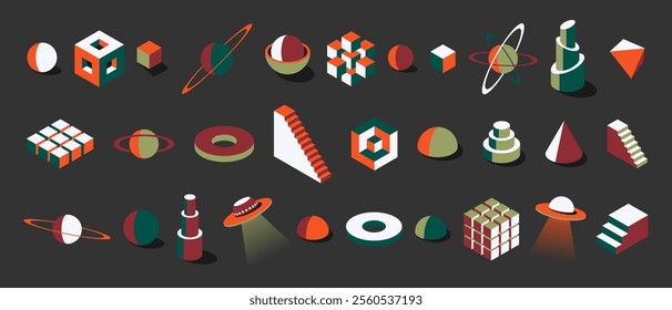 Vibrant Y2K isometric shapes in retro brutalist style. Includes 3D cubes, planets, spheres and UFOs. Colorful geometric designs for modern posters, creative templates and bold wall art