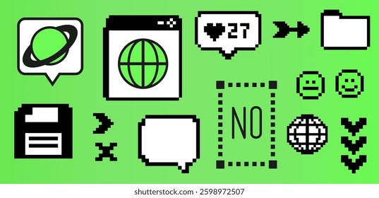 Vibrant Y2K vector illustration featuring retro digital icons like planets, hearts, and folders in a pixelated style, set against a bright green background. Pixels elements in the mood of 90's.