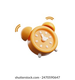 Icono de reloj de alarma 3D amarillo vibrante en movimiento. Ilustración vectorial con un reloj despertador animado con campanas sonando, perfecto para representar llamadas de despertar y recordatorios