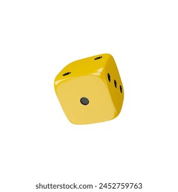 A vibrant yellow 3D dice icon captured from a dynamic angle, featuring black dots, perfect as a vector illustration for luck and gaming designs.