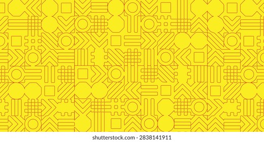 Vibrant yellow abstract geometric pattern with various shapes and lines, creating a dynamic visual effect.