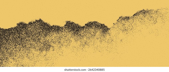 A vibrant yellow backdrop contrasts with a textured black foreground that mimics the silhouette of distant mountains or hills, evoking feelings of depth and abstraction.