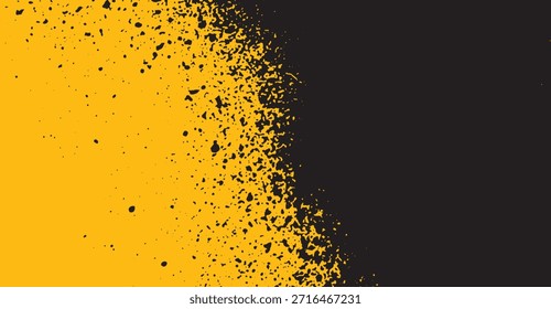A vibrant yellow backdrop is dramatically contrasted by a dense scattering of black splatter effects and rough, irregular shapes along the left side, creating a dynamic and energetic abstract