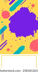Vibrant yellow backdrop featuring purple and pink splashes, turquoise brushstrokes, and small dots, with a designated white area for adding text or other elements