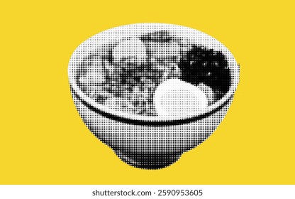 A vibrant yellow backdrop highlights a halftone collage of various food elements arranged in a bowl. This artistic expression captures the essence of culinary artistry and creativity.