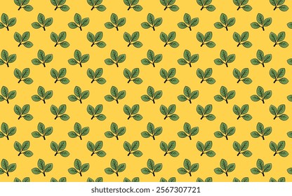 Vibrant yellow background adorned with a repeating pattern of stylized green leaves.  Perfect for textile prints, website backgrounds, or any project needing a fresh, nature-inspired design.