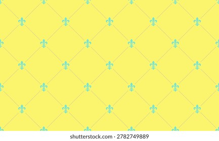 Vibrant yellow background adorned with a repeating pattern of teal fleurdelis, creating a regal yet modern design.