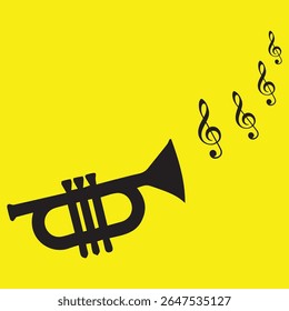 A vibrant yellow background with a black silhouette of a trumpet playing, sending out musical notes