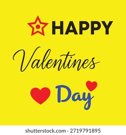 Un fondo amarillo vibrante con texto negro en negrita que dice 'FELIZ' y 'Día', con 'San Valentín' escrito en una elegante fuente de escritura. Dos corazones rojos y una estrella roja con un contorno blanco agregan Elementos festivos al diseño, transmitiendo un mensaje de celebración para el Día de San Valentín.
