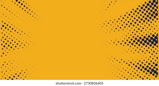 Um fundo amarelo vibrante apresenta padrões de pontos de meio-tom abstratos nos lados esquerdo e direito, criando um efeito visual dinâmico.