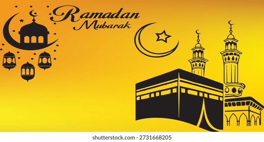 Um fundo amarelo vibrante apresenta uma saudação do Ramadã Mubarak com símbolos islâmicos icônicos. A imagem inclui a Caaba, uma mesquita, uma lua crescente e lanternas decorativas, todas renderizadas em uma silhueta preta estilizada. Este design é perfeito para celebrar o mês sagrado do Ramadã.