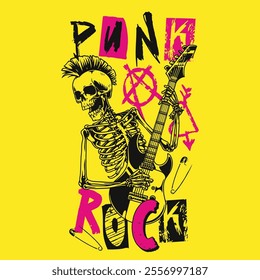 A vibrant yellow background features a skeleton with a mohawk playing an electric guitar expressing the essence of punk rock culture with bold colors and symbols.