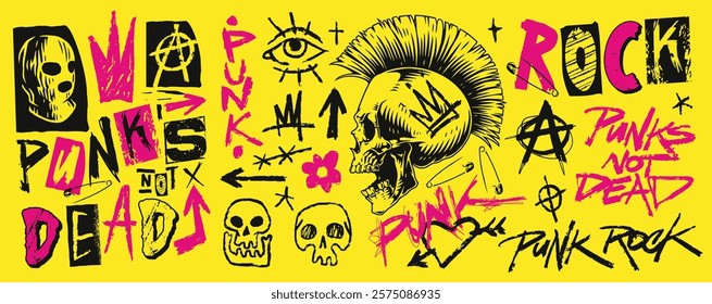 Vibrant yellow background features various punk rock elements. Skulls anarchist symbols and bold text combine to create an eye-catching display of punk culture.