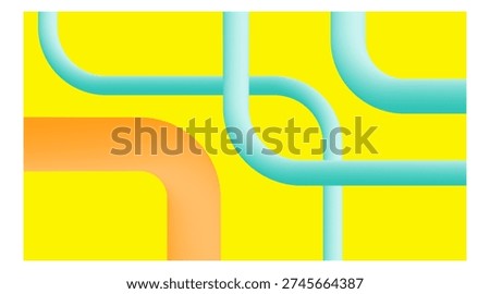 A vibrant yellow background highlights a dynamic arrangement of three-dimensional pipes and tubes, forming an intricate and interconnected network.