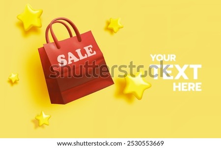A vibrant yellow background with a red shopping bag labeled "SALE" and floating stars. Perfect for promotional campaigns, enticing shoppers with a fun and energetic vibe.
