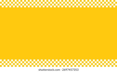 Vibrant yellow background with repeating checkerboard flag pattern borders on the top and bottom.