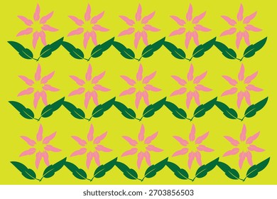 Fondo amarillo vibrante con la repetición de la flor rosa y el patrón de hoja verde