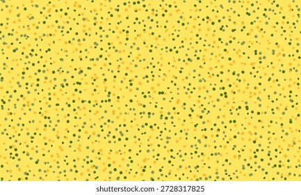 Fundo amarelo vibrante espalhado com pequenos pontos verdes e laranja.  Perfeito para designs alegres, fundos de site ou impressões têxteis.  Evoca sentimentos de alegria, energia e primavera.