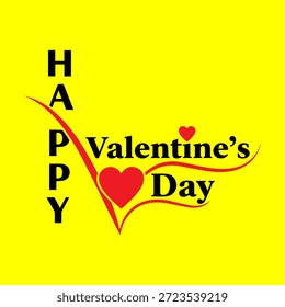 Ein lebendiger gelber Hintergrund dient als Leinwand für eine festliche Botschaft zum "Happy Valentine's Day". Die Wörter 'Happy' werden auf der linken Seite in fett schwarzen Buchstaben vertikal angezeigt. Auf der rechten Seite ist der "Valentinstag" in einer eleganteren Schrift geschrieben, begleitet von einer markanten Grafik des roten Herzens, die Liebe und Zuneigung symbolisiert. Ein kleineres rotes Herz schwebt über dem größeren und verleiht ihm einen Hauch von Charme und Festlichkeit.